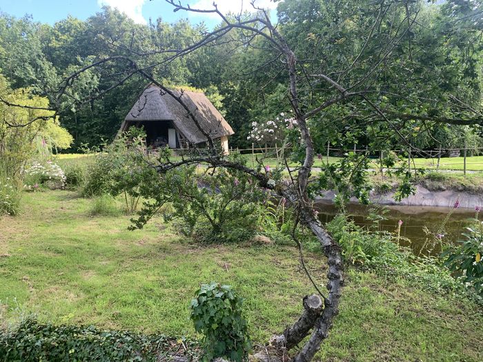 La chaumière aperçue depuis l'étang, entre les branches
