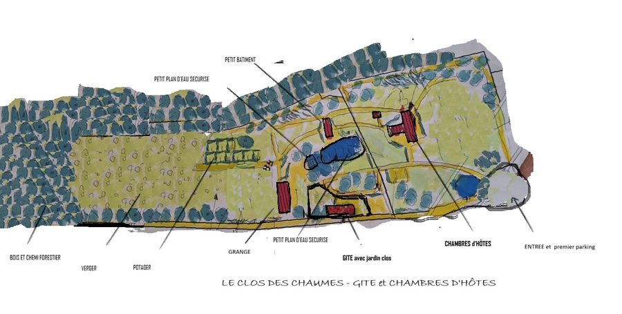 Croquis de la propriété, Le Clos des Chaumes : gîte, chambres d'hôtes, verger, potager, plans d'eau